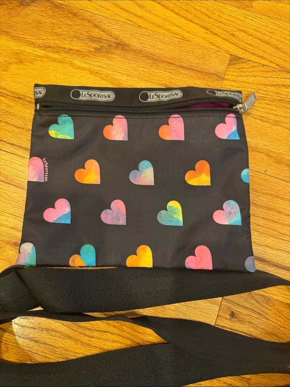 LeSportsac Black Crossbody Bag with Multicolor Heart Print - with matching pouch